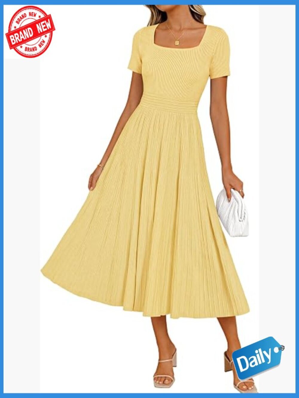 Women's Short Sleeve Pleated Midi Sweater Dress Business Casual A-Line